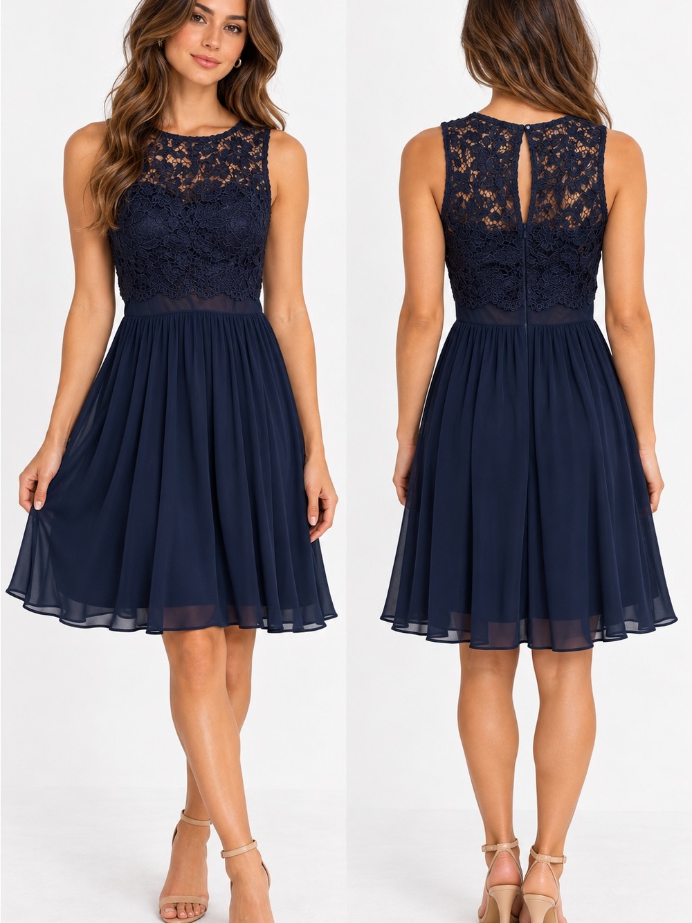 Sleeveless Navy Lace Bodice Chiffon Skater Dress